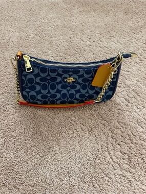 Coach Navy Signature Denim Mini Shoulder Bag with Red Trim